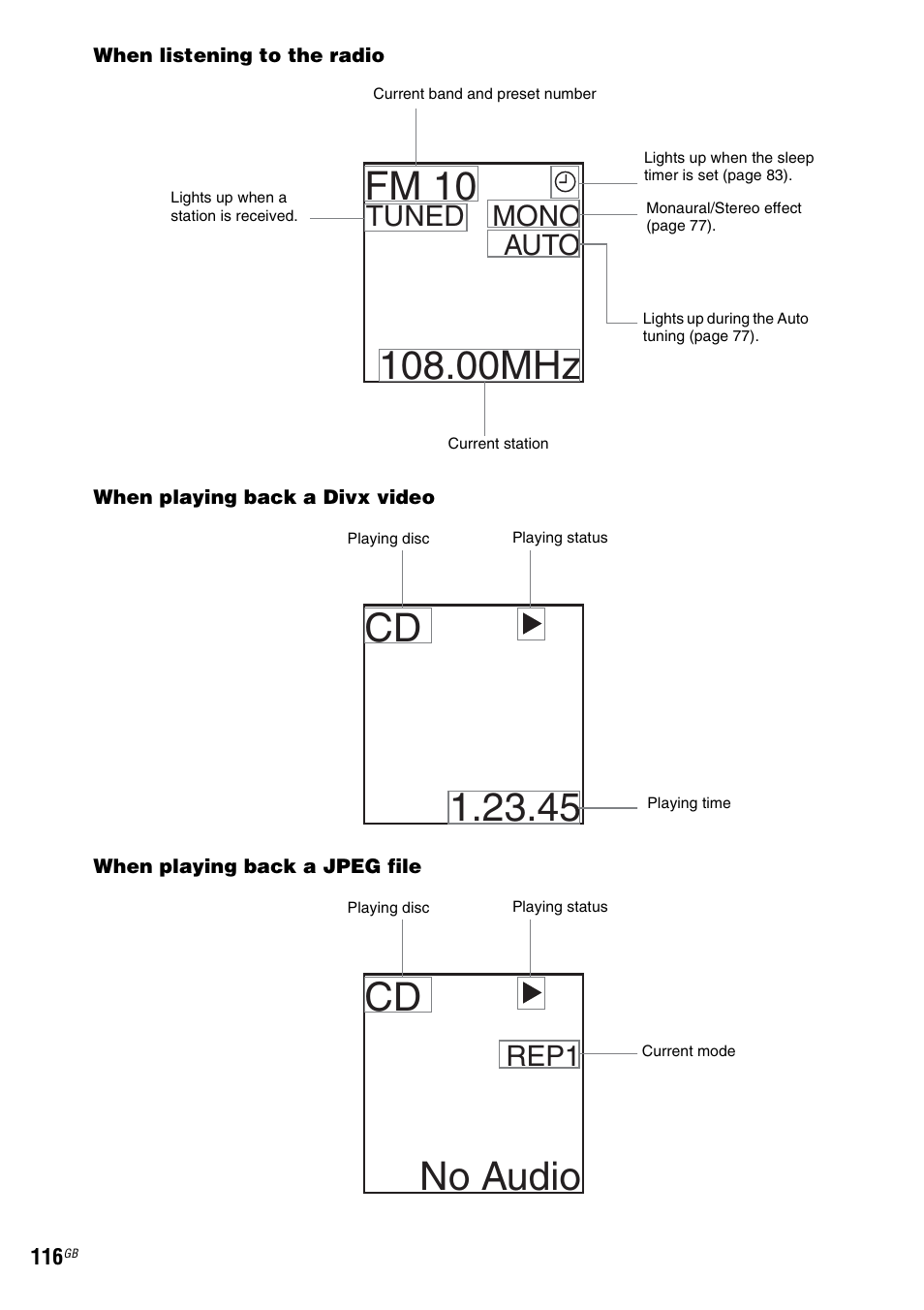 Fm 10, 00mhz, No audio | Tuned mono auto, Rep1 | Sony DAV-LF1H User Manual | Page 116 / 127