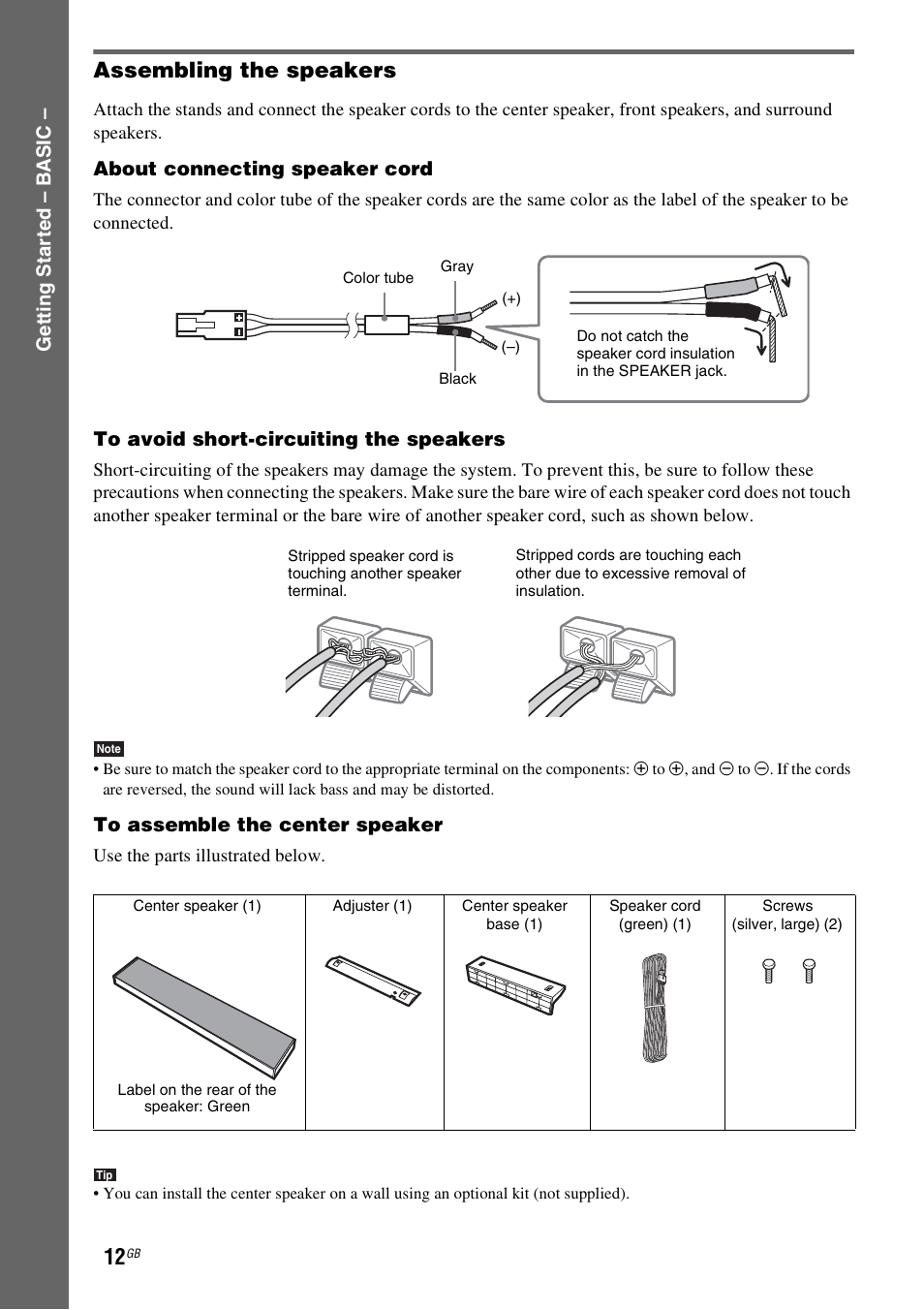 Assembling the speakers | Sony DAV-LF1H User Manual | Page 12 / 127