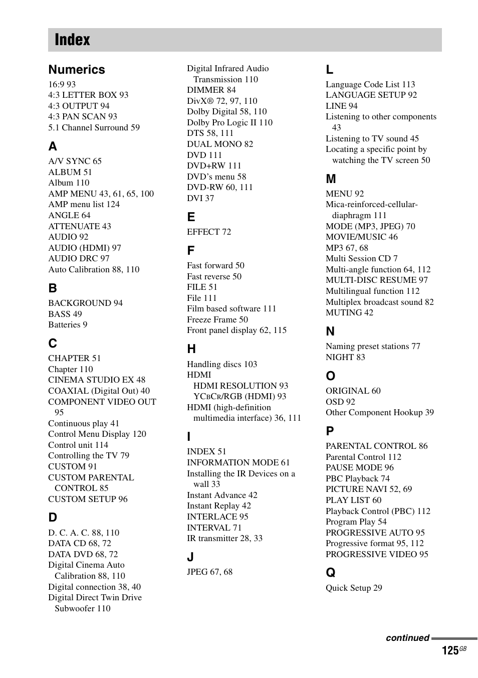 Index, Numerics | Sony DAV-LF1H User Manual | Page 125 / 127