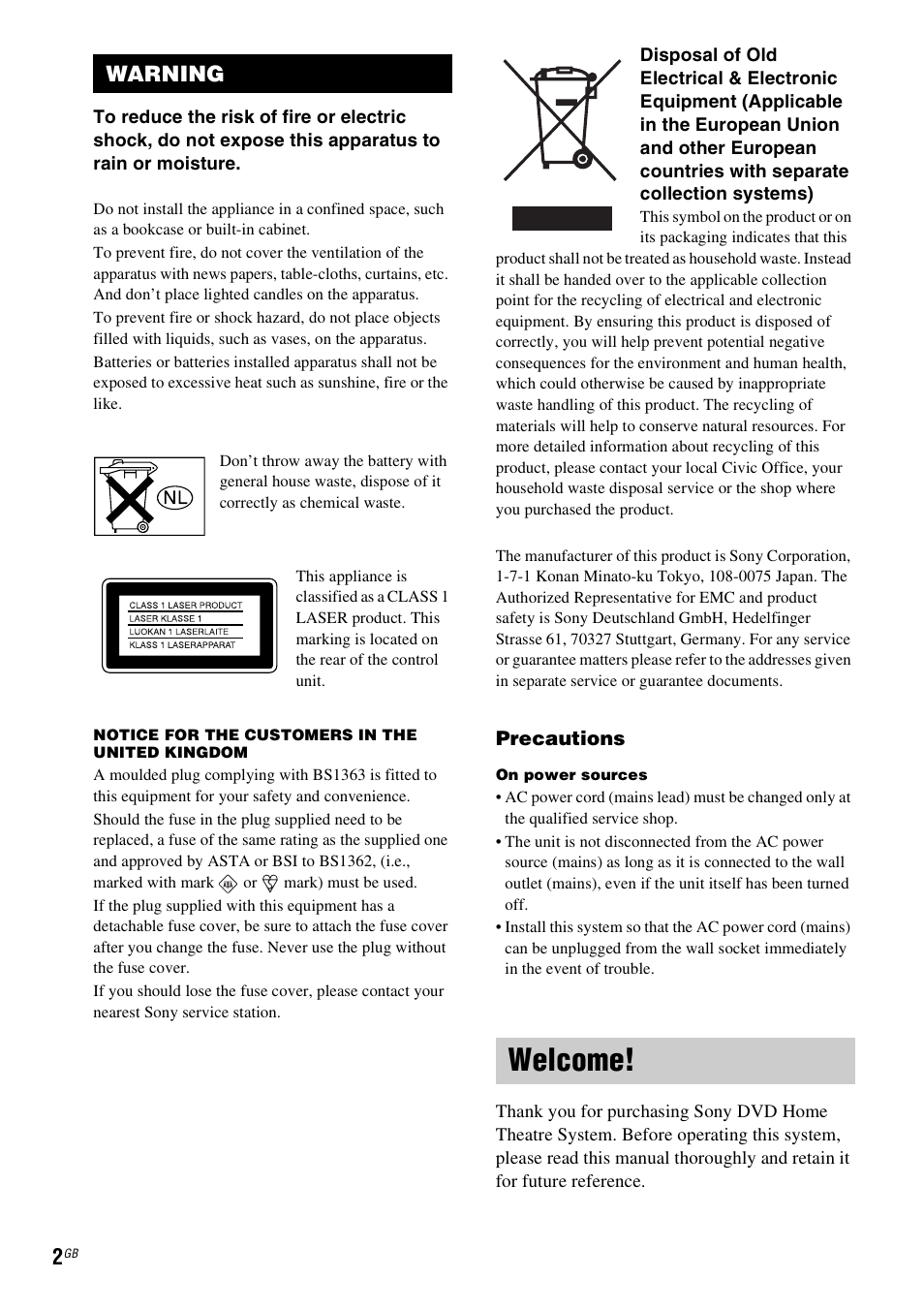 Warning, Welcome | Sony DAV-LF1H User Manual | Page 2 / 127