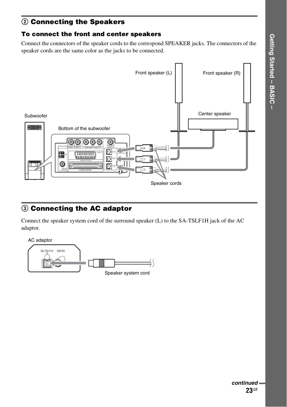 2 connecting the speakers, 3 connecting the ac adaptor, 2connecting the speakers | 3connecting the ac adaptor, Ge tting star te d – b a sic, Continued, Speaker system cord ac adaptor | Sony DAV-LF1H User Manual | Page 23 / 127