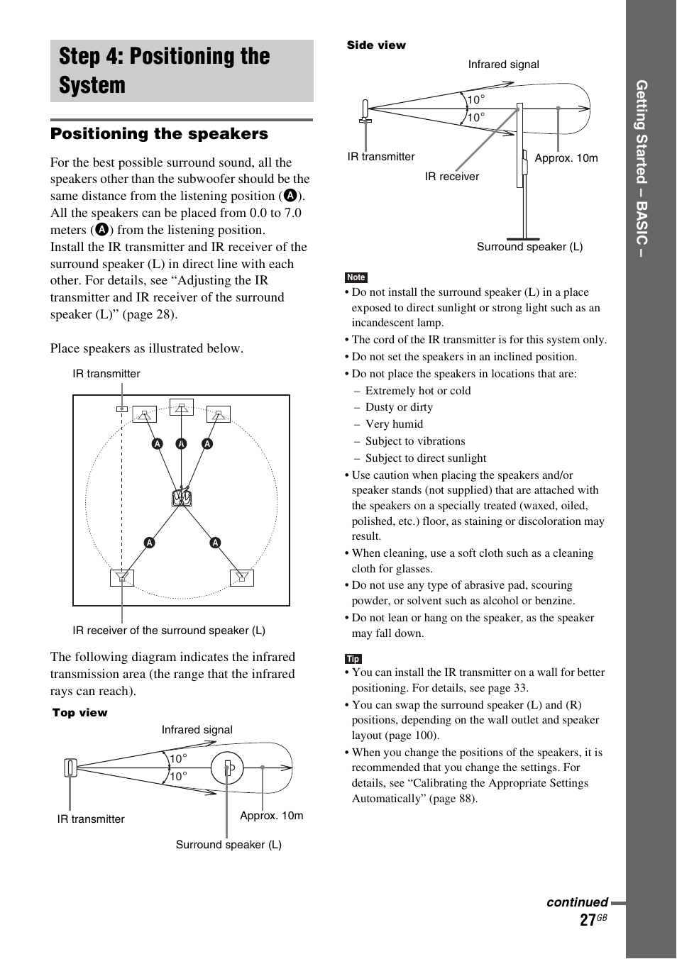 Step 4: positioning the system, Positioning the speakers, Step 4: positioning | The system | Sony DAV-LF1H User Manual | Page 27 / 127