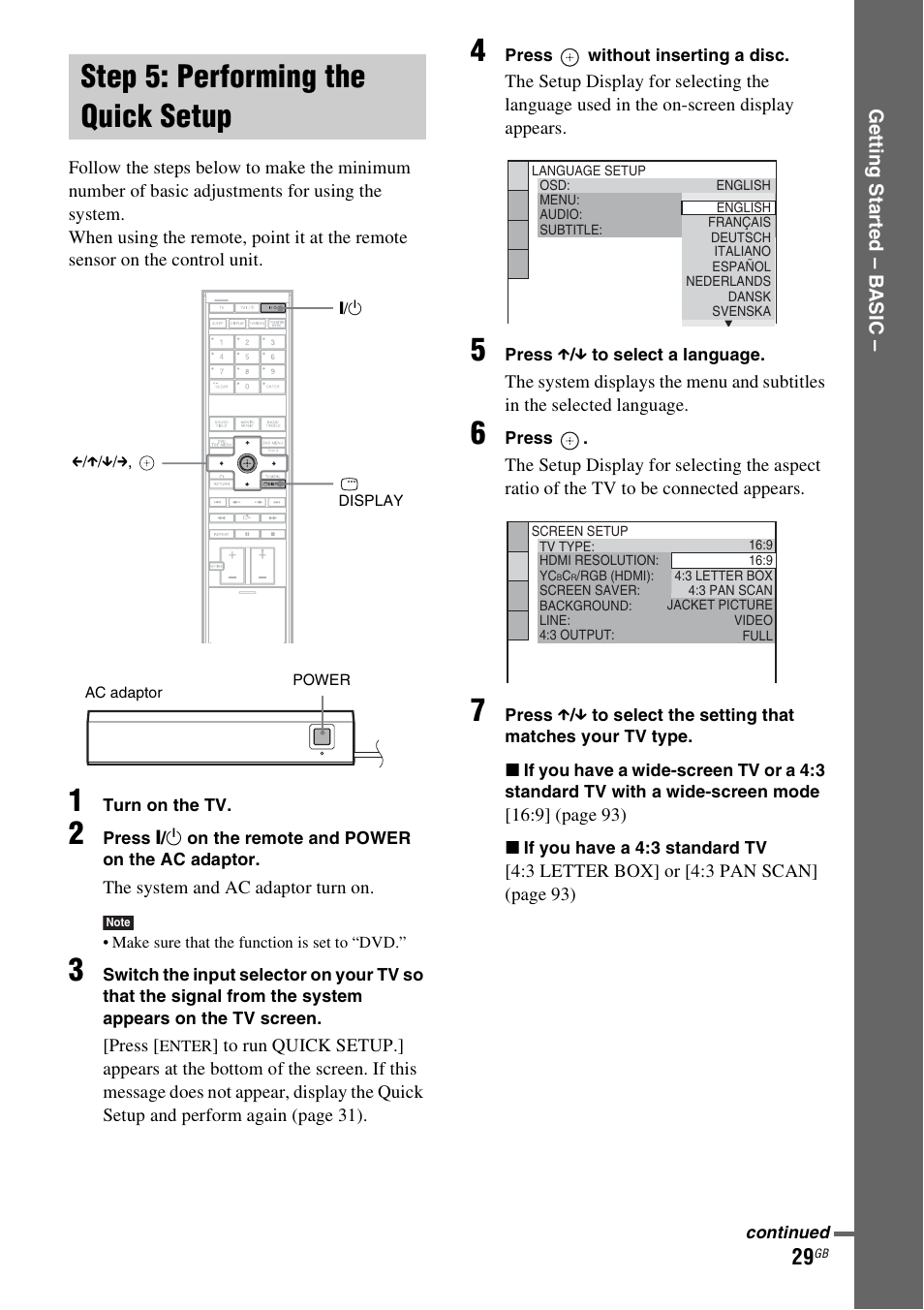 Step 5: performing the quick setup, Step 5: performing the, Quick setup | Sony DAV-LF1H User Manual | Page 29 / 127