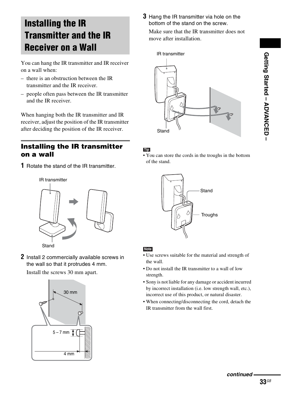Installing the ir transmitter on a wall, Installing the ir transmitter and the ir, Receiver on a wall | Installing the ir transmitter on a wall 1 | Sony DAV-LF1H User Manual | Page 33 / 127