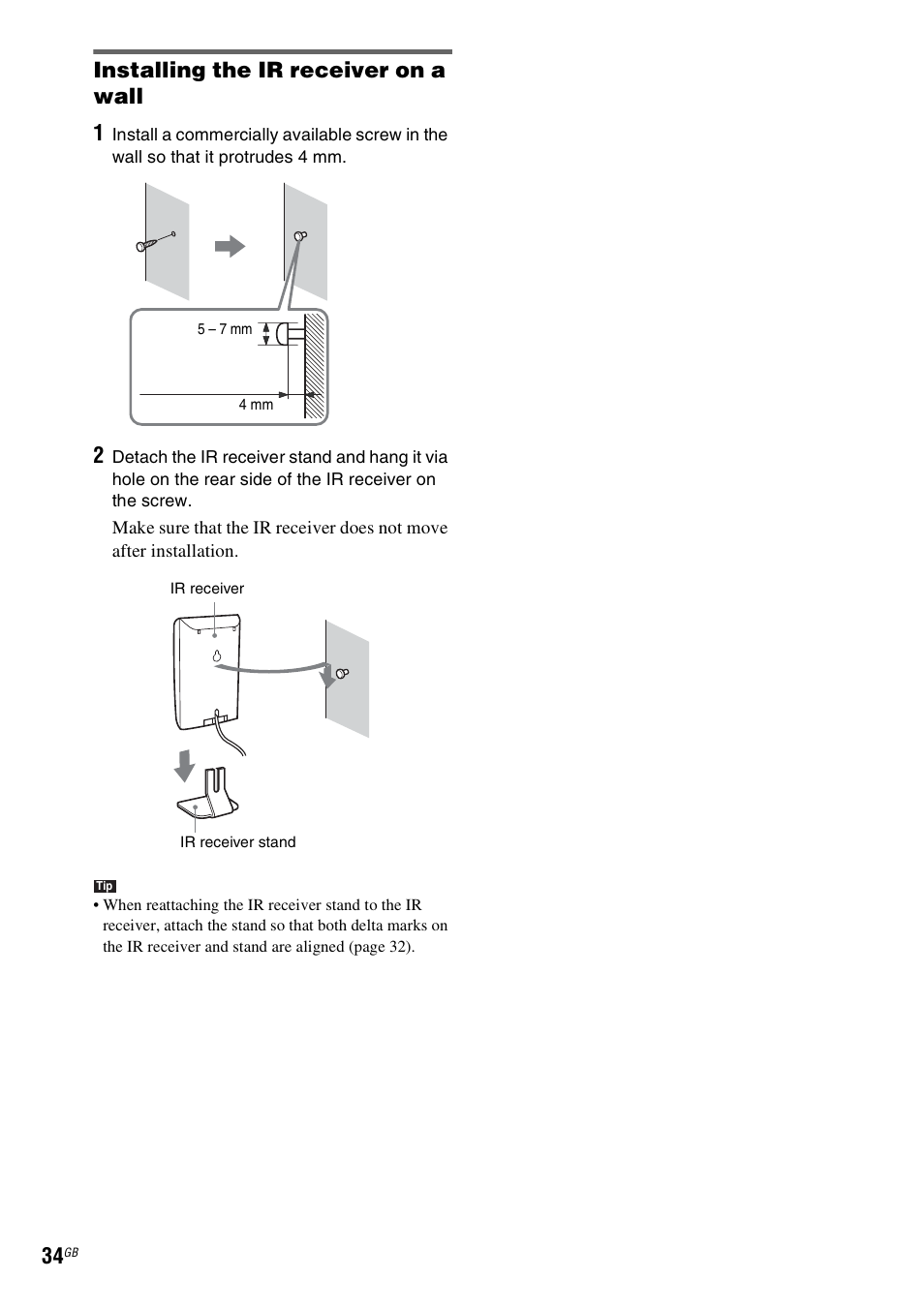 Installing the ir receiver on a wall, Installing the ir receiver on a wall 1 | Sony DAV-LF1H User Manual | Page 34 / 127