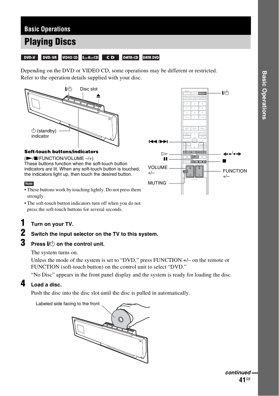 Basic operations, Playing discs | Sony DAV-LF1H User Manual | Page 41 / 127