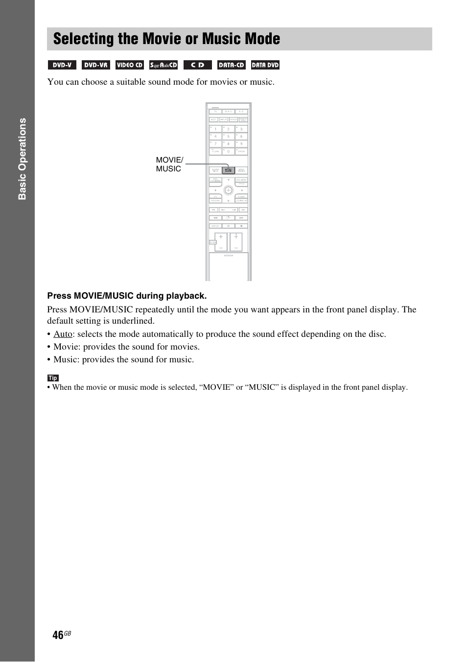 Selecting the movie or music mode, Selecting the movie or music, Mode | Sony DAV-LF1H User Manual | Page 46 / 127