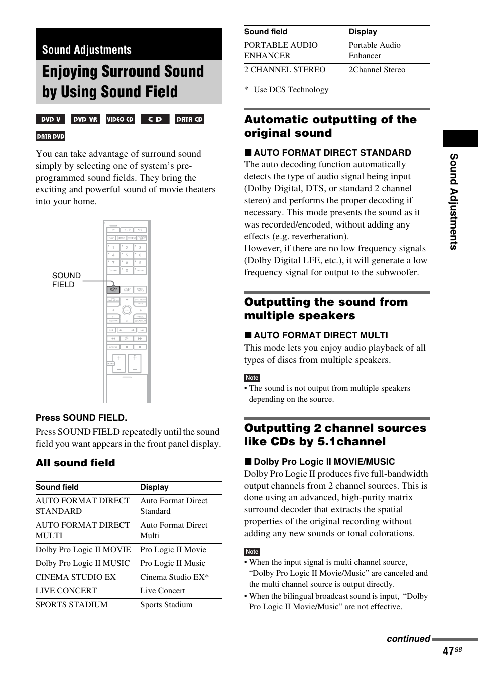 Sound adjustments, Enjoying surround sound by using sound field, Automatic outputting of the original sound | Outputting the sound from multiple speakers, Enjoying surround sound by using sound, Field | Sony DAV-LF1H User Manual | Page 47 / 127