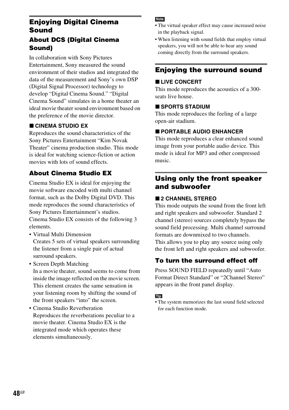 Enjoying digital cinema sound, Enjoying the surround sound, Using only the front speaker and subwoofer | Sony DAV-LF1H User Manual | Page 48 / 127