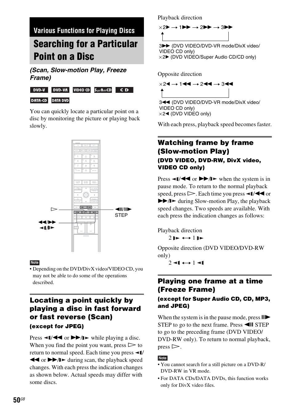 Various functions for playing discs, Searching for a particular point on a disc, Watching frame by frame (slow-motion play) | Playing one frame at a time (freeze frame), Searching for a particular point on, A disc (scan, slow-motion play, freeze frame) | Sony DAV-LF1H User Manual | Page 50 / 127
