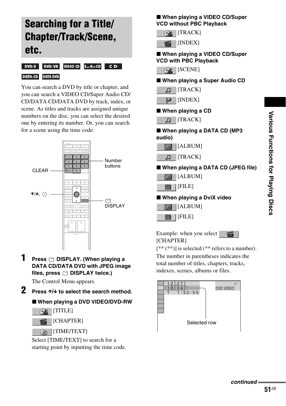Searching for a title/ chapter/track/scene, etc, Searching for a title/chapter/track, Scene, etc | Sony DAV-LF1H User Manual | Page 51 / 127