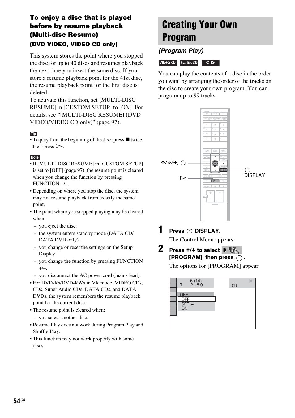 Creating your own program, Program play) | Sony DAV-LF1H User Manual | Page 54 / 127