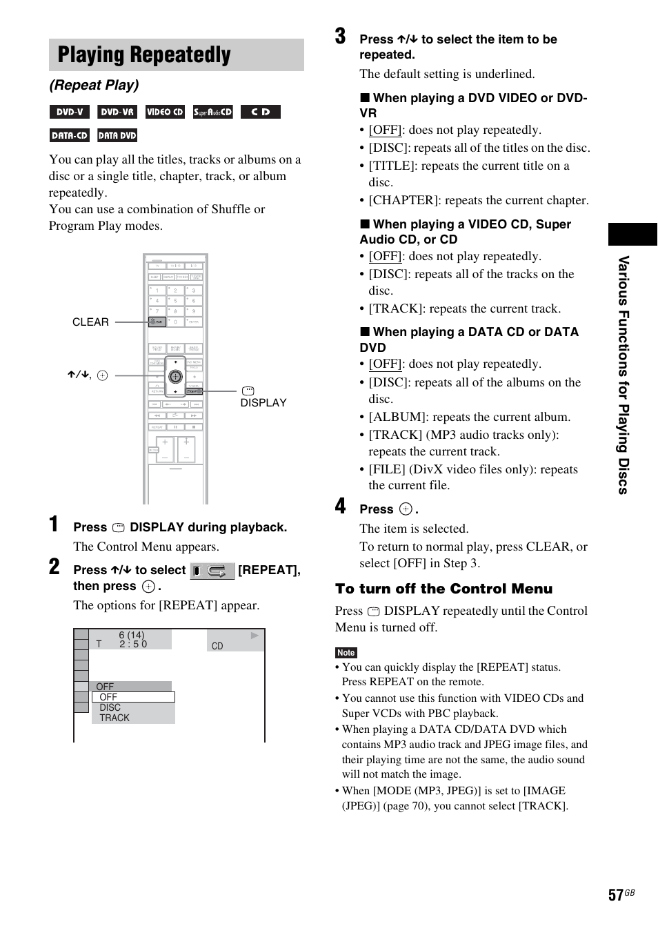 Playing repeatedly, Repeat play) | Sony DAV-LF1H User Manual | Page 57 / 127
