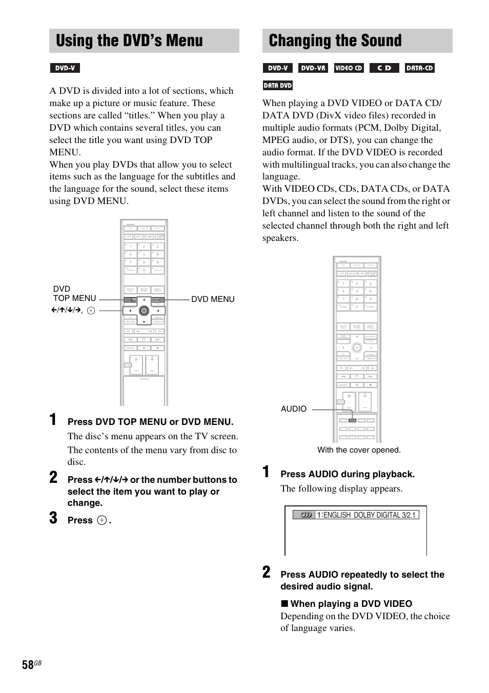 Using the dvd’s menu, Changing the sound, Using the dvd’s menu changing the sound | Sony DAV-LF1H User Manual | Page 58 / 127