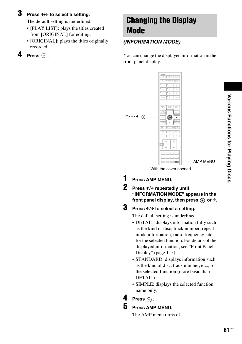 Changing the display mode, Information mode) | Sony DAV-LF1H User Manual | Page 61 / 127