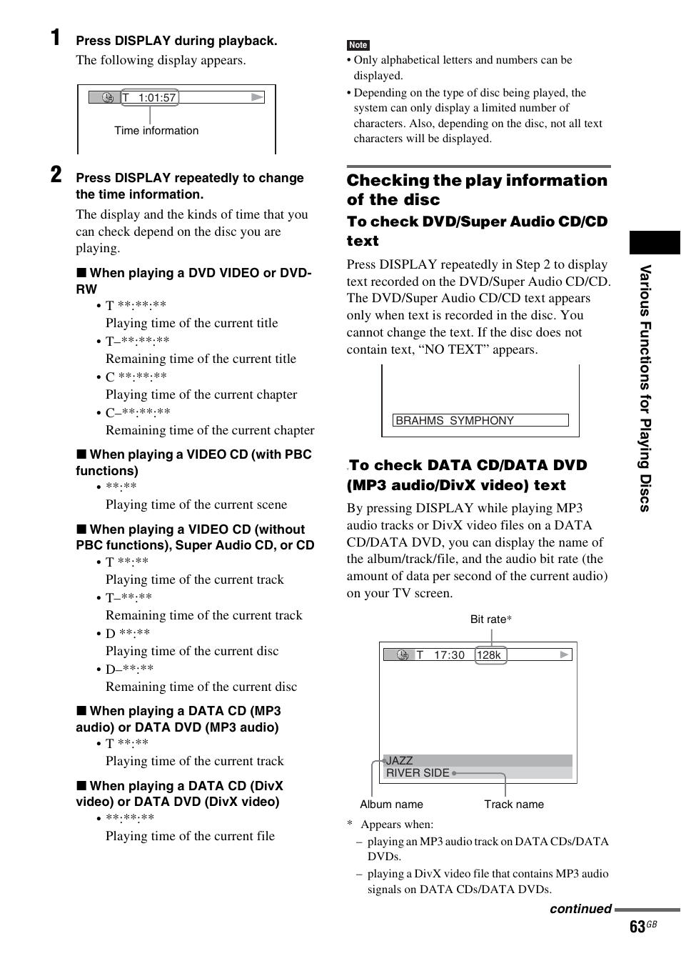Checking the play information of the disc | Sony DAV-LF1H User Manual | Page 63 / 127