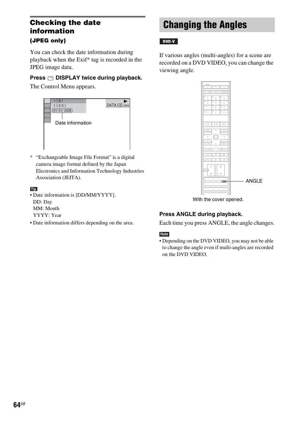 Checking the date information, Changing the angles | Sony DAV-LF1H User Manual | Page 64 / 127