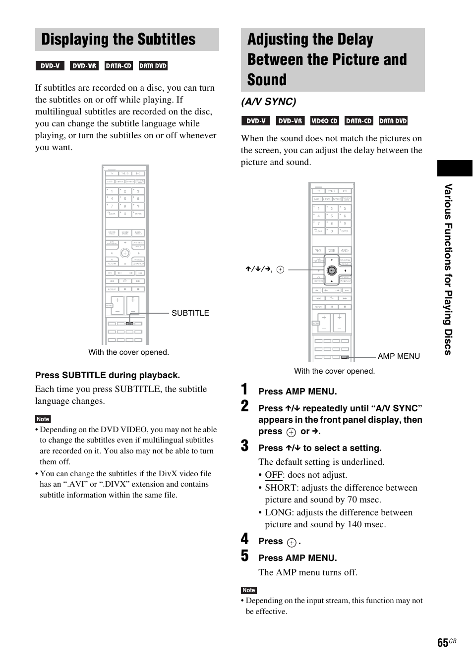 Displaying the subtitles, Adjusting the delay between the picture and sound, And sound (a/v sync) | Sony DAV-LF1H User Manual | Page 65 / 127