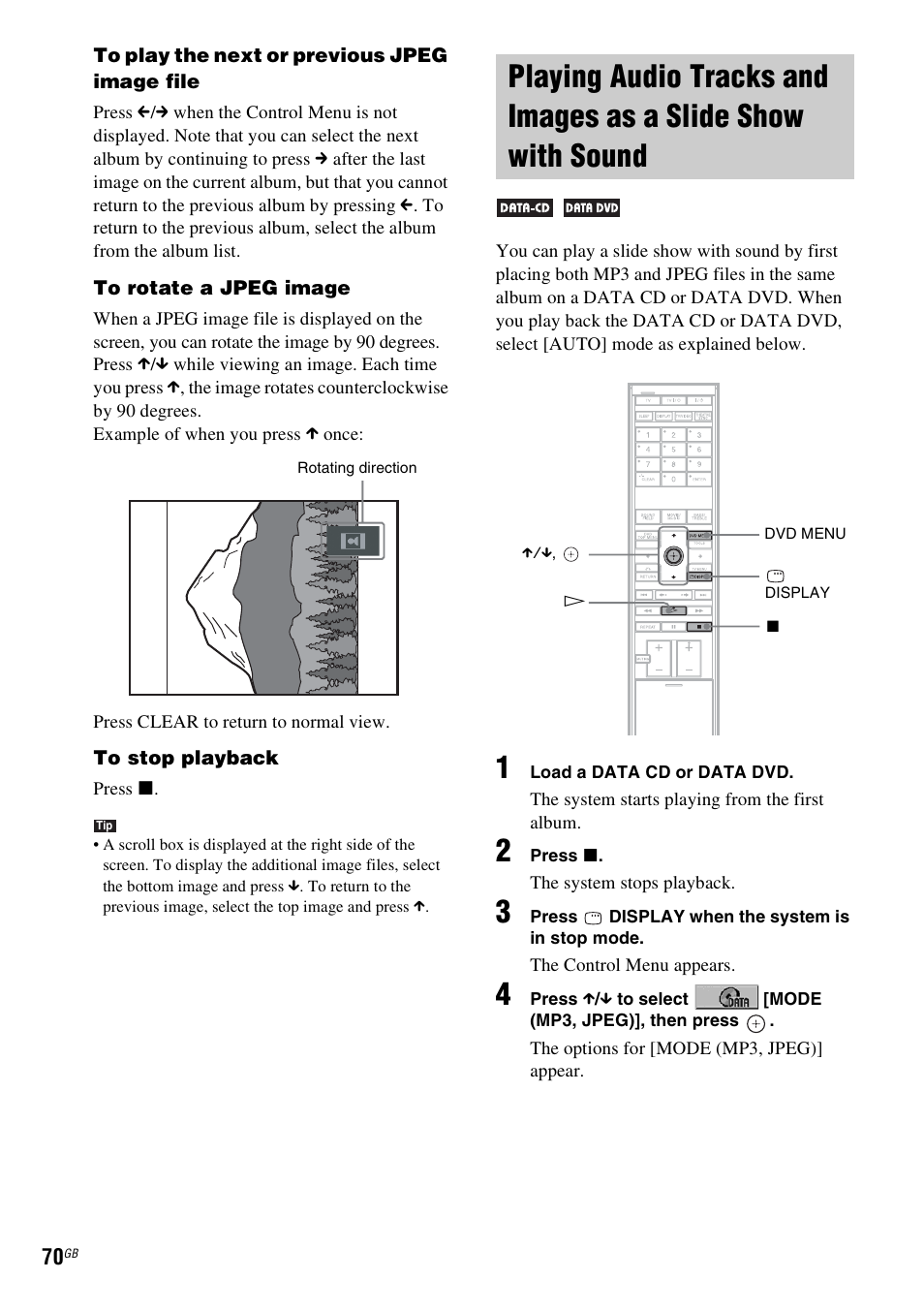 Playing audio tracks and images as a, Slide show with sound | Sony DAV-LF1H User Manual | Page 70 / 127