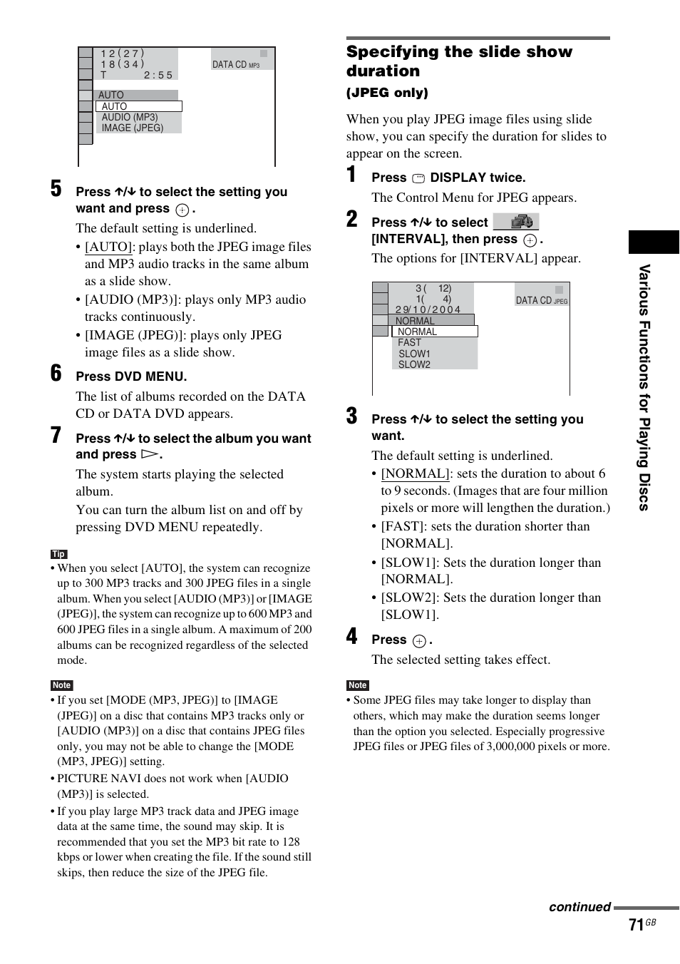 Specifying the slide show duration | Sony DAV-LF1H User Manual | Page 71 / 127