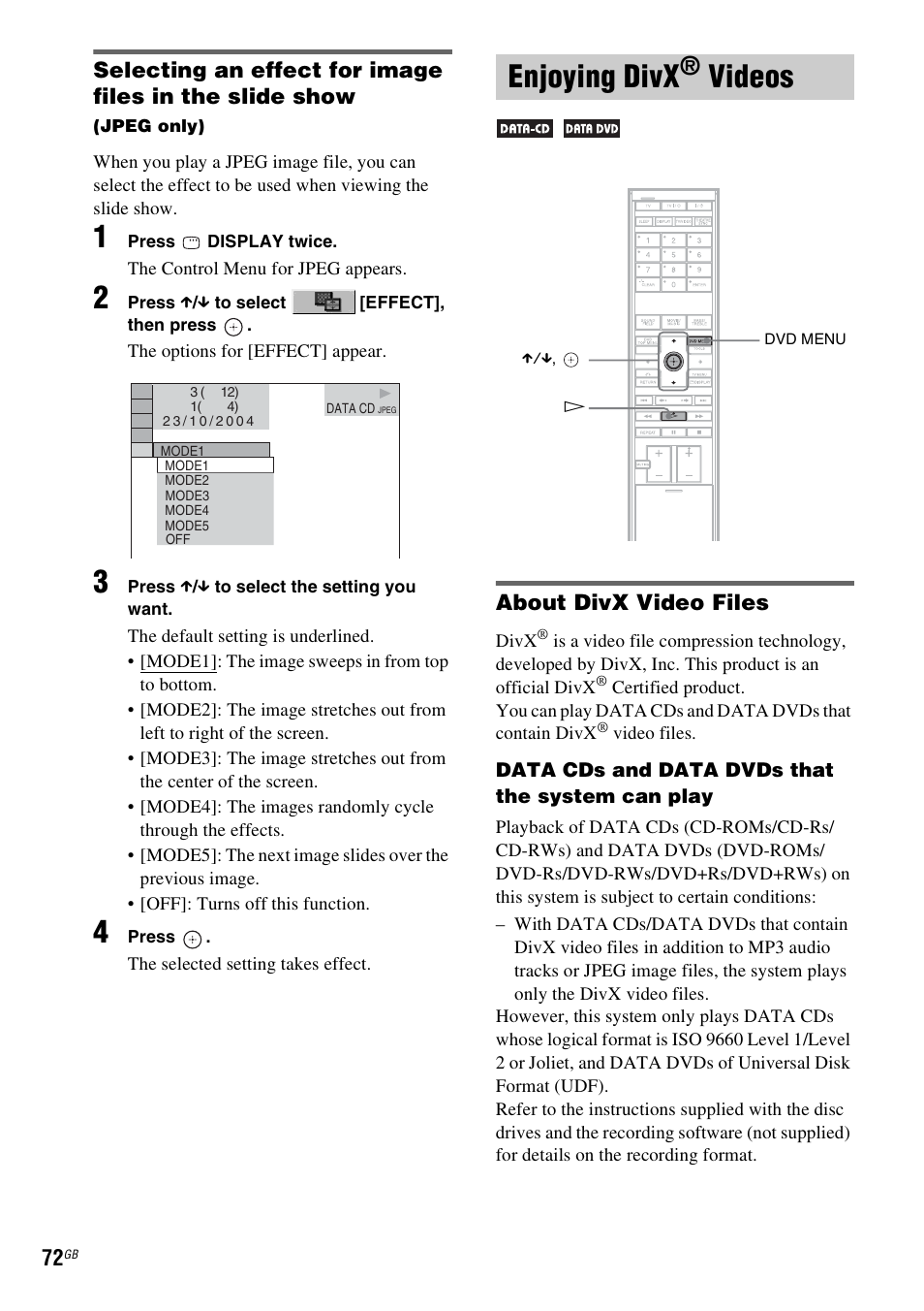 Enjoying divx® videos, About divx video files, Enjoying divx | Videos | Sony DAV-LF1H User Manual | Page 72 / 127