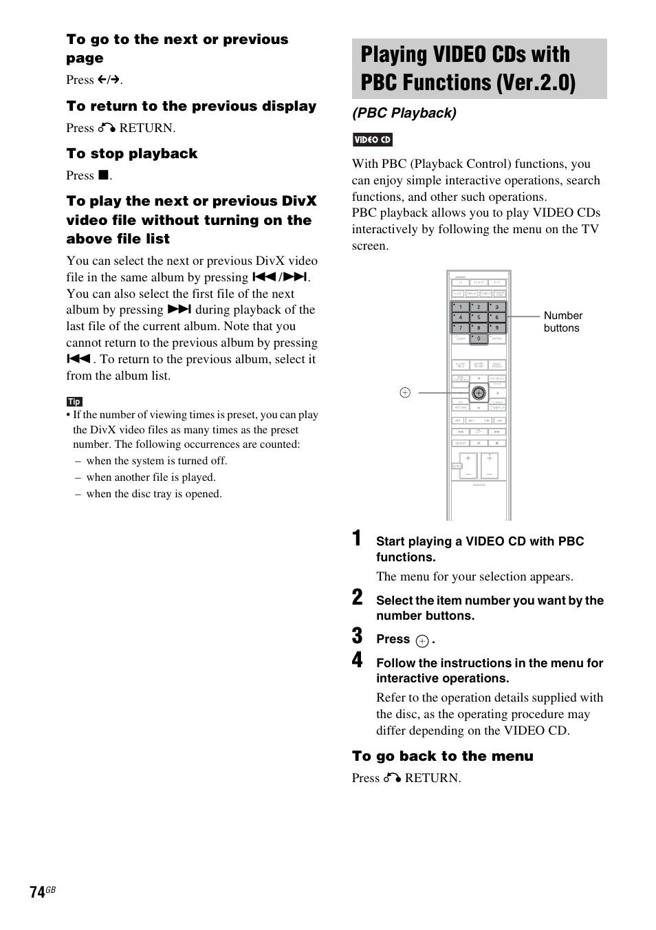 Playing video cds with pbc functions (ver.2.0), Playing video cds with pbc functions, Ver.2.0) (pbc playback) | Sony DAV-LF1H User Manual | Page 74 / 127