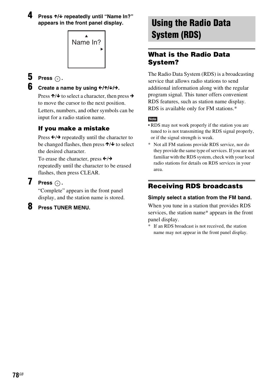 Using the radio data system (rds), What is the radio data system, Receiving rds broadcasts | Name in | Sony DAV-LF1H User Manual | Page 78 / 127