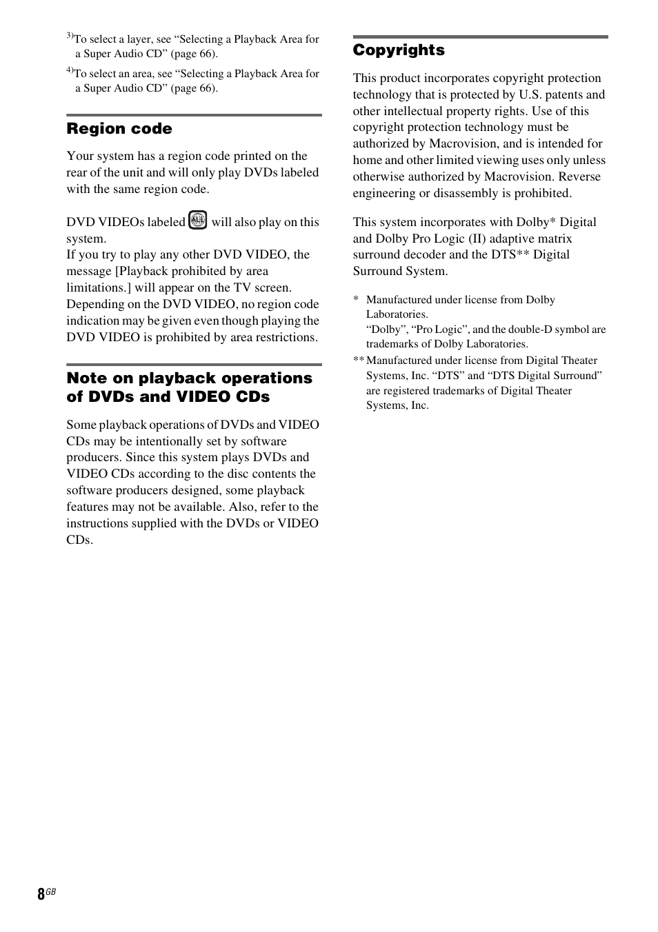 Region code, Note on playback operations of dvds and video cds, Copyrights | Sony DAV-LF1H User Manual | Page 8 / 127