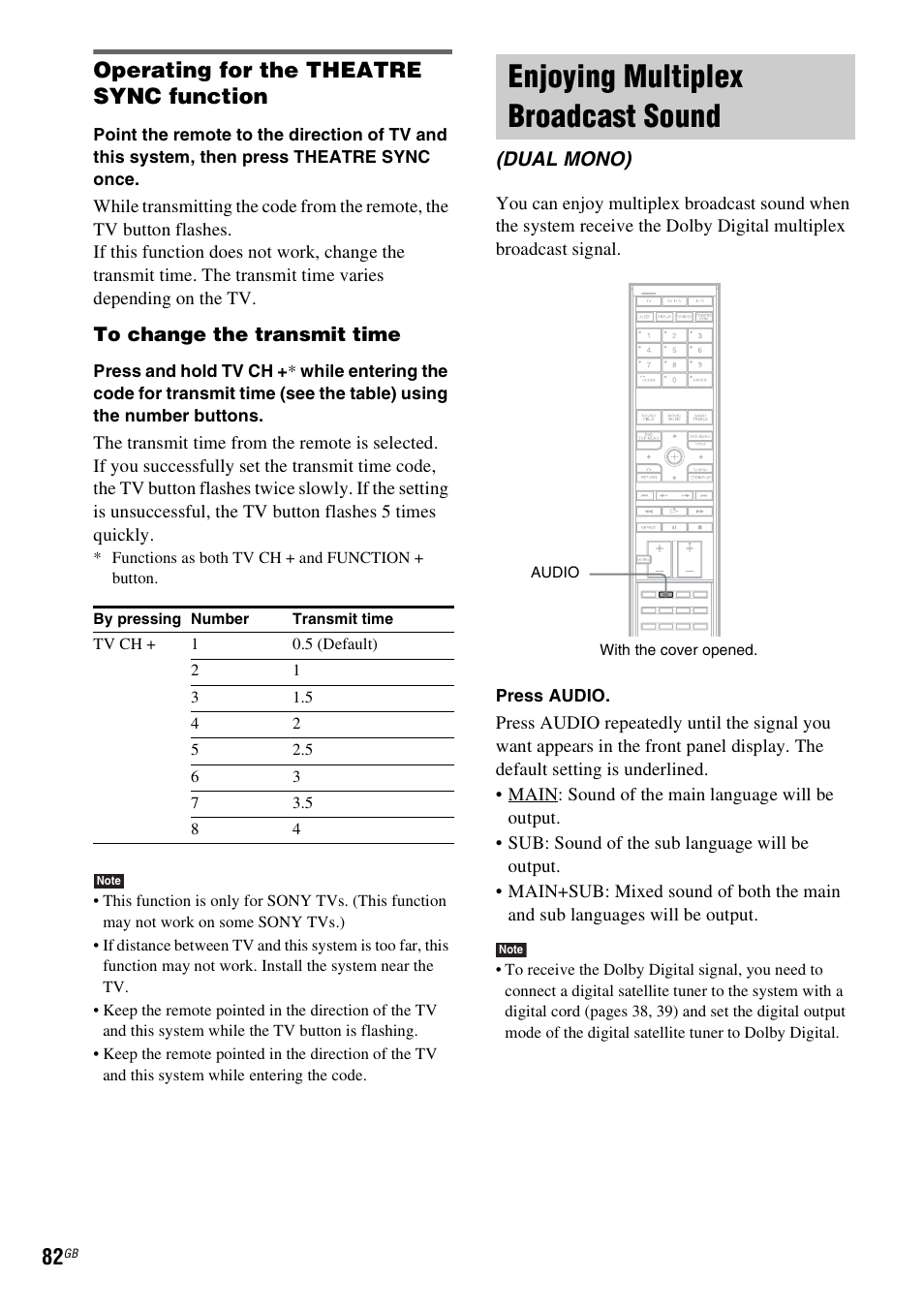 Operating for the theatre sync function, Enjoying multiplex broadcast sound, Enjoying multiplex broadcast | Sound (dual mono) | Sony DAV-LF1H User Manual | Page 82 / 127