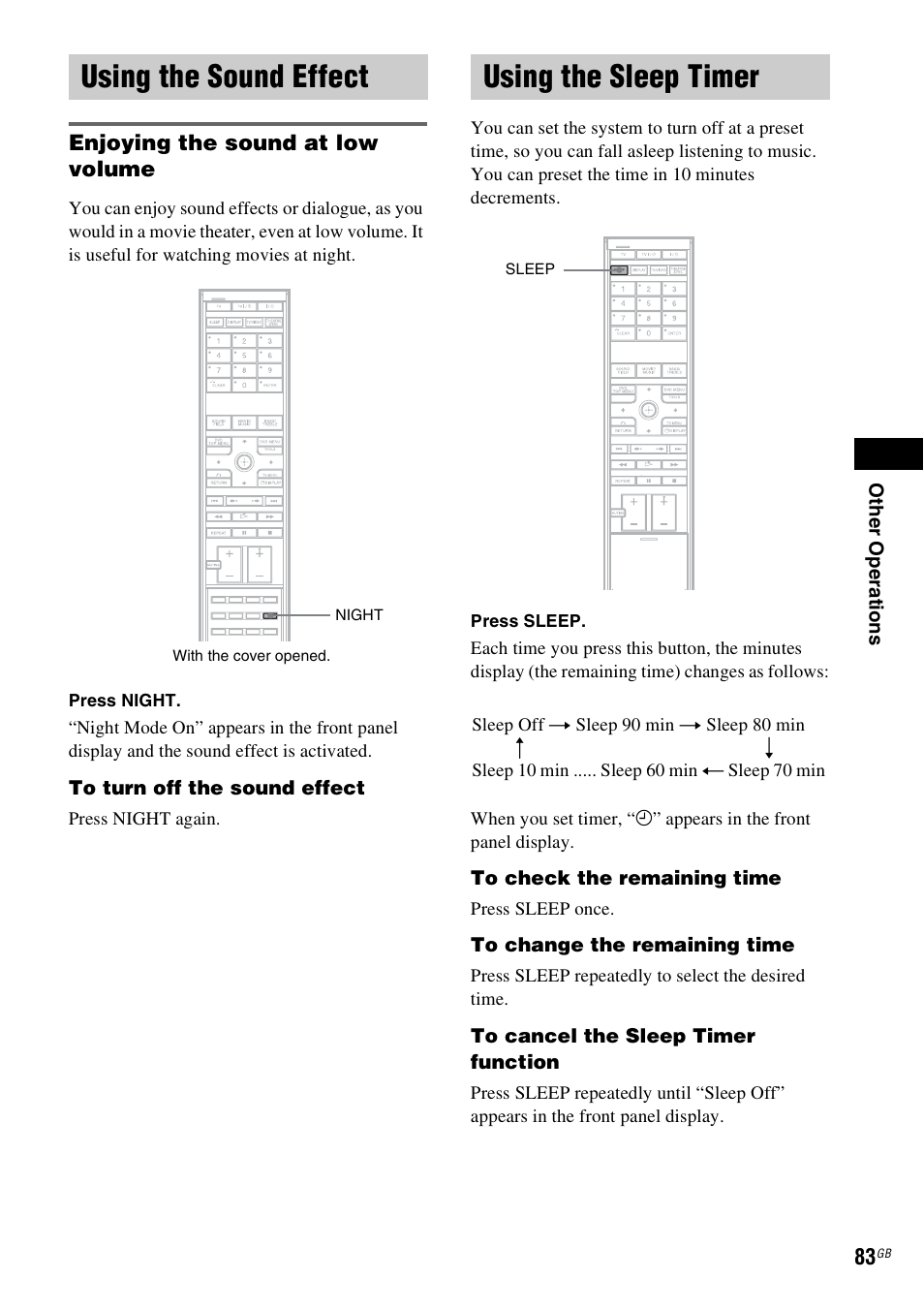 Using the sound effect, Enjoying the sound at low volume, Using the sleep timer | Using the sound effect using the sleep timer | Sony DAV-LF1H User Manual | Page 83 / 127