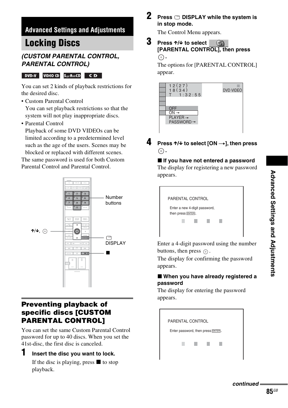 Advanced settings and adjustments, Locking discs, Custom parental control, parental control) | Sony DAV-LF1H User Manual | Page 85 / 127