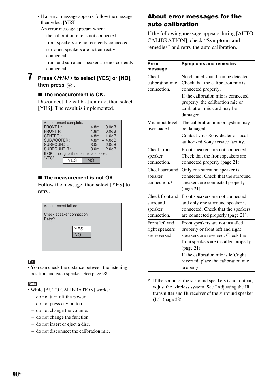 About error messages for the auto calibration | Sony DAV-LF1H User Manual | Page 90 / 127