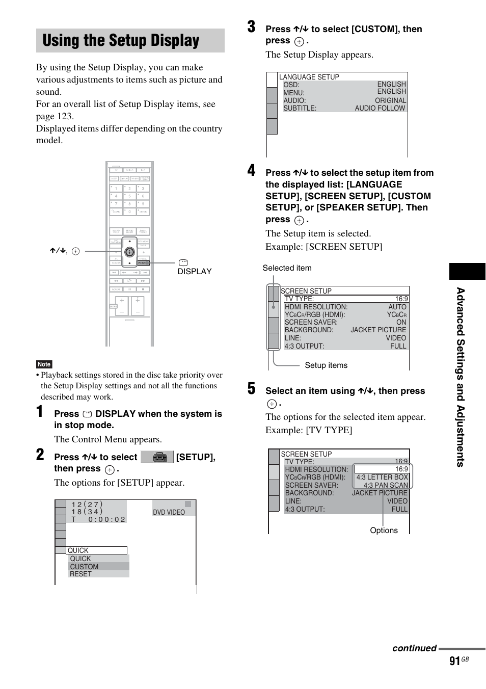 Using the setup display, Using | Sony DAV-LF1H User Manual | Page 91 / 127