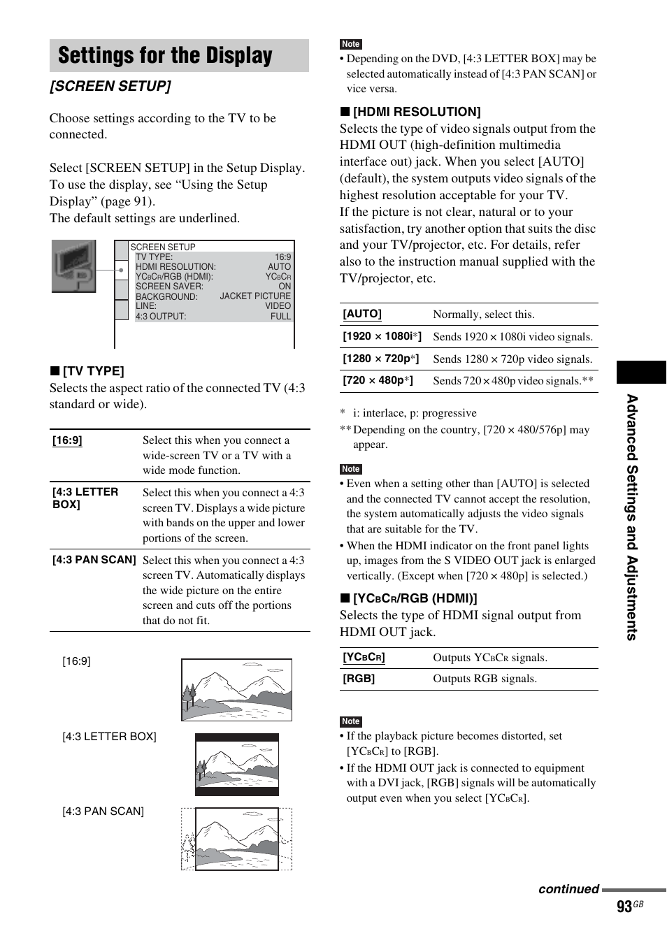 Settings for the display, Screen setup | Sony DAV-LF1H User Manual | Page 93 / 127
