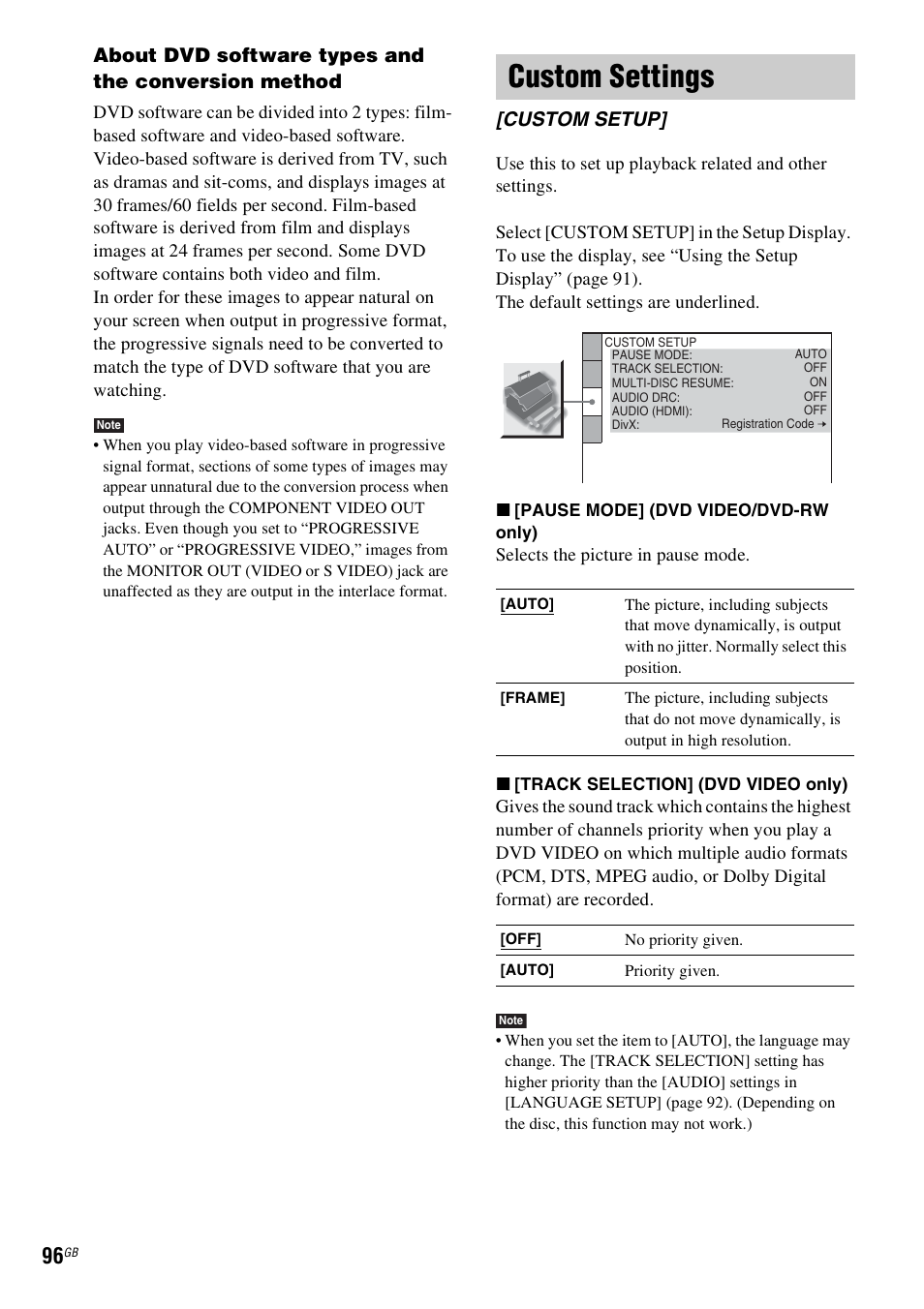 Custom settings, Custom setup, About dvd software types and the conversion method | Sony DAV-LF1H User Manual | Page 96 / 127
