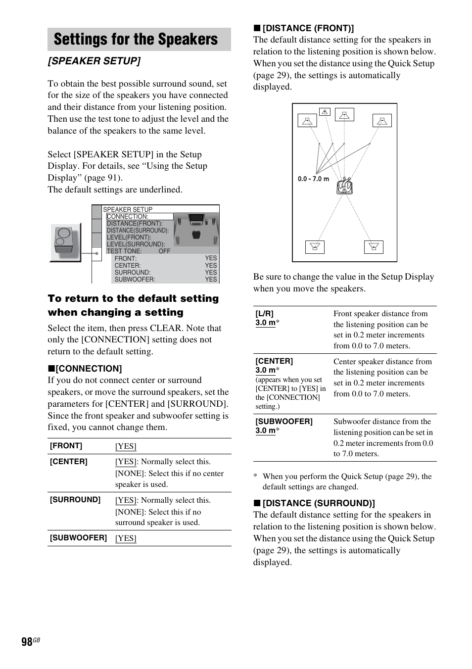 Settings for the speakers, Speaker setup | Sony DAV-LF1H User Manual | Page 98 / 127
