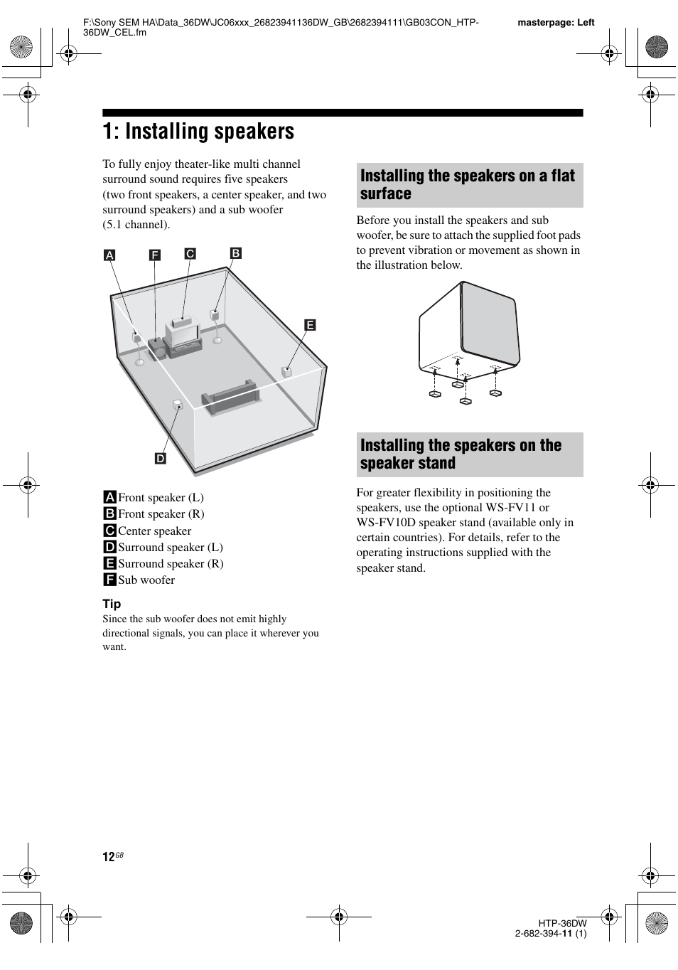 Installing speakers | Sony Model HTP-36DW User Manual | Page 12 / 64