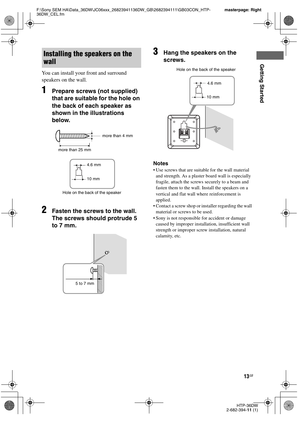 Installing the speakers on the wall | Sony Model HTP-36DW User Manual | Page 13 / 64