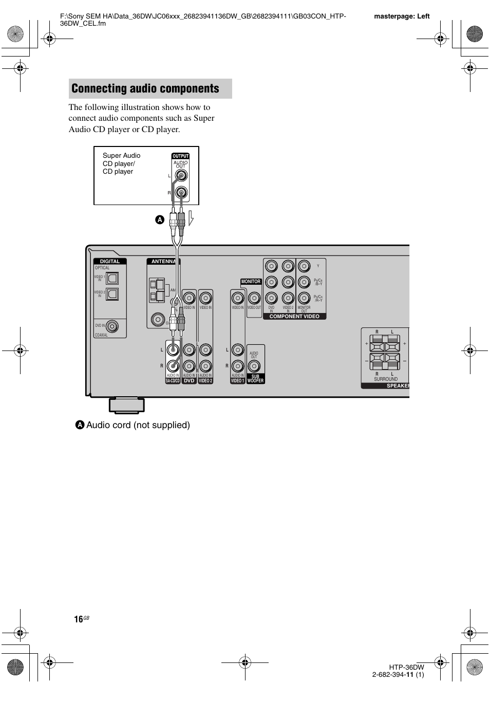 Connecting audio components, Aaudio cord (not supplied), Super audio cd player/ cd player | Sony Model HTP-36DW User Manual | Page 16 / 64
