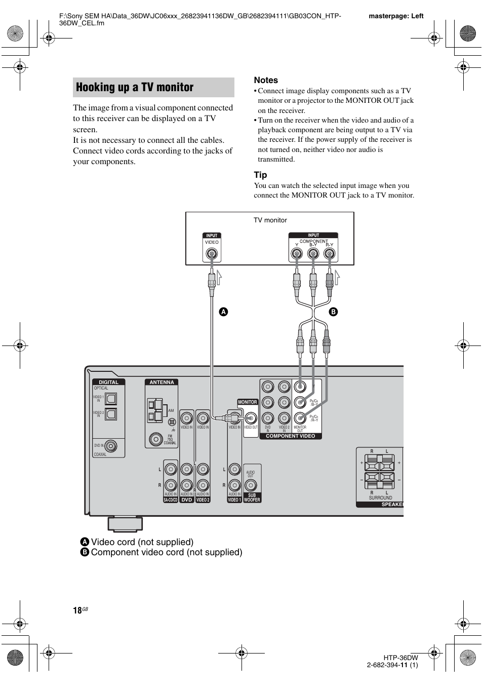 E 18, Hooking up a tv monitor | Sony Model HTP-36DW User Manual | Page 18 / 64