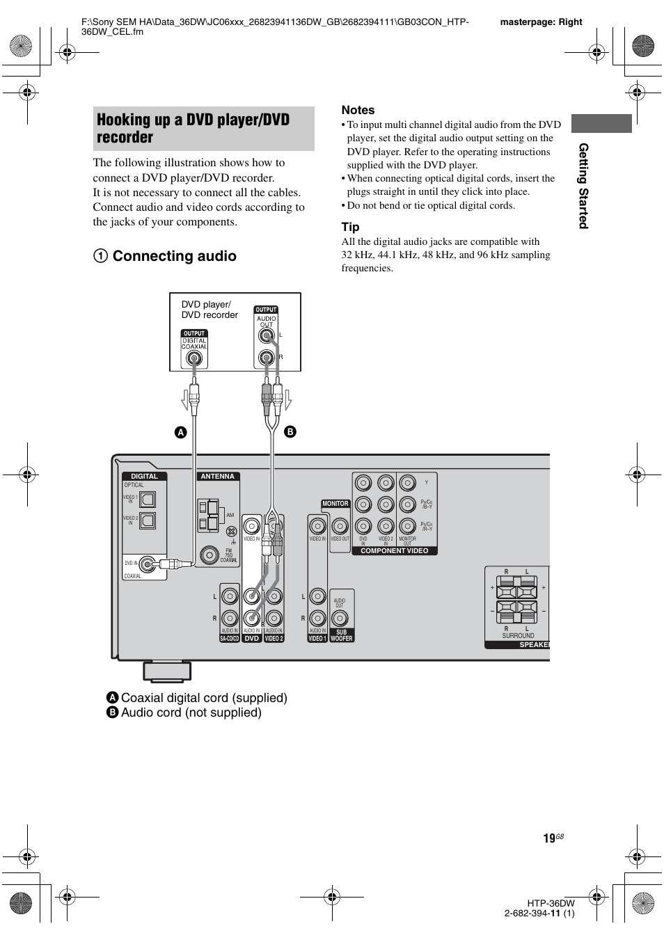 Hooking up a dvd player/dvd recorder, 1connecting audio | Sony Model HTP-36DW User Manual | Page 19 / 64