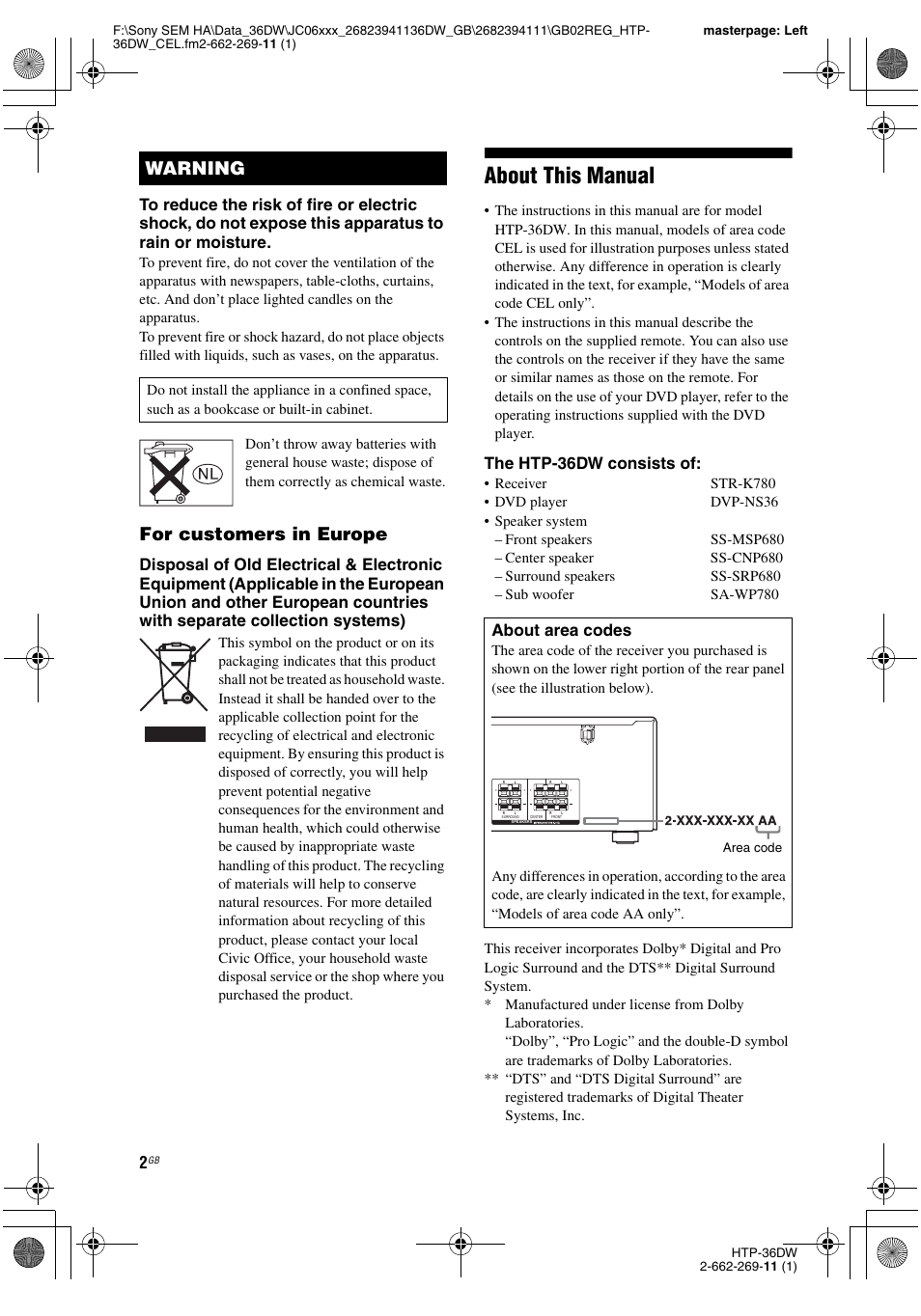 About this manual, For customers in europe, Warning | The htp-36dw consists of, About area codes | Sony Model HTP-36DW User Manual | Page 2 / 64