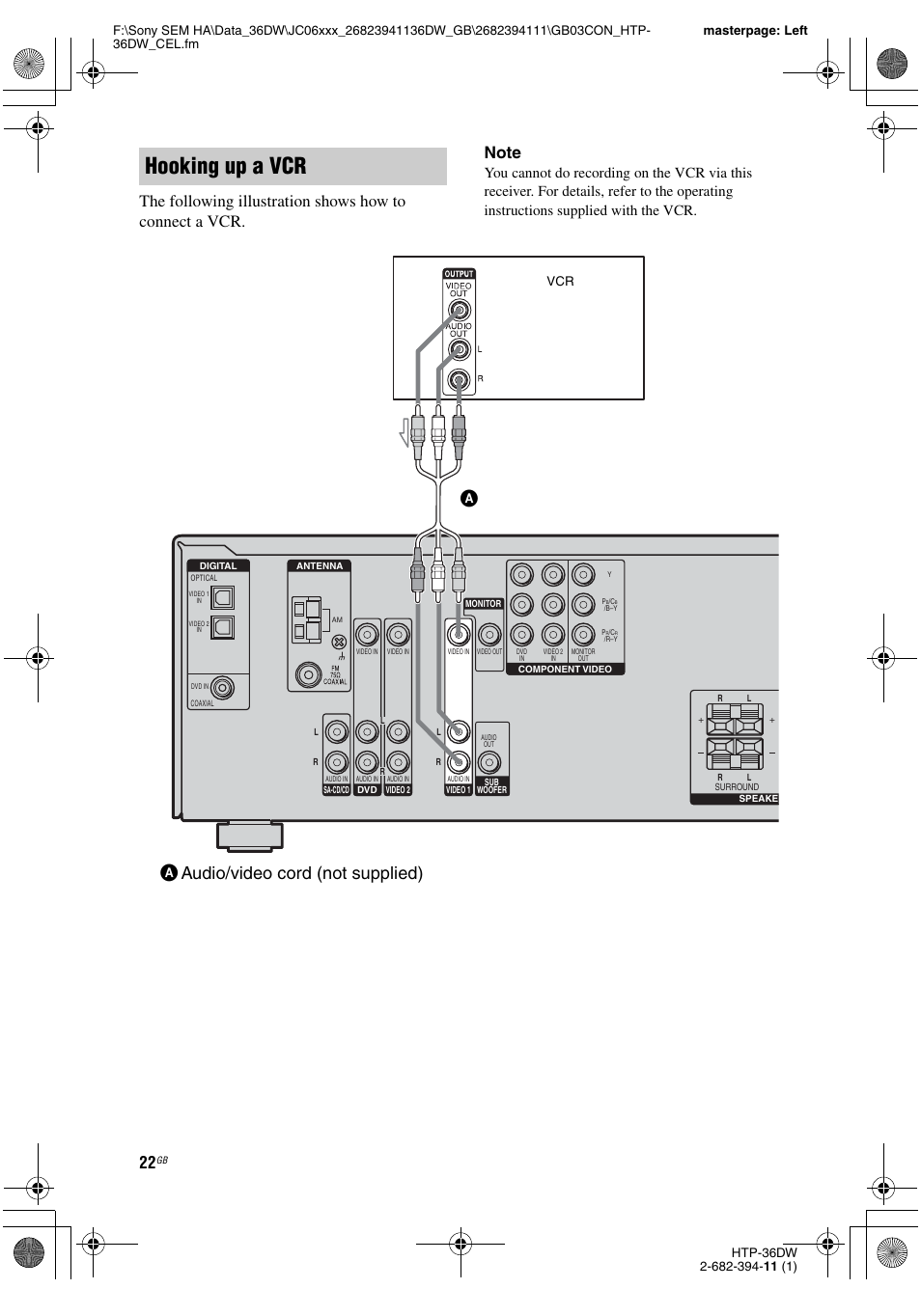 Hooking up a vcr, Aaudio/video cord (not supplied) | Sony Model HTP-36DW User Manual | Page 22 / 64