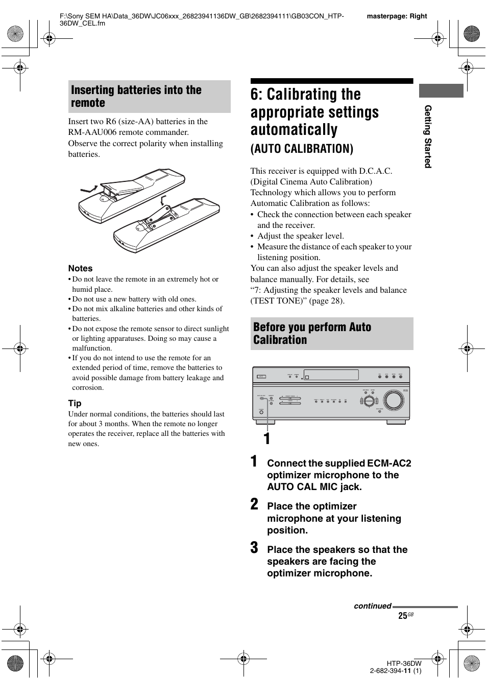 Calibrating the appropriate settings, Automatically (auto calibration), Calibrating the appropriate settings automatically | Auto calibration) | Sony Model HTP-36DW User Manual | Page 25 / 64