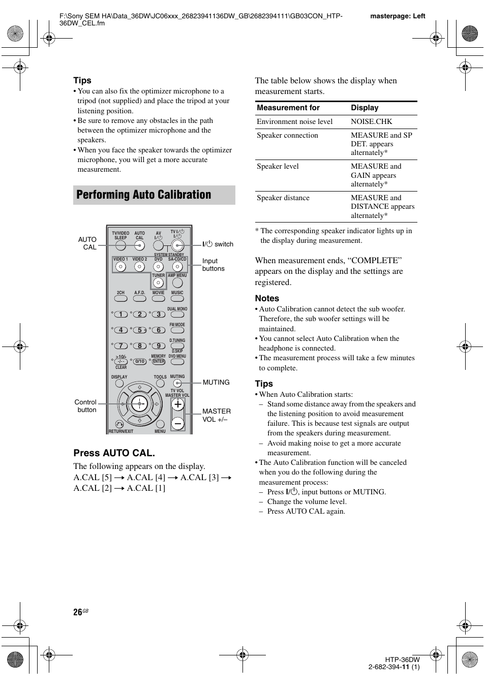Performing auto calibration, Press auto cal, Tips | Sony Model HTP-36DW User Manual | Page 26 / 64