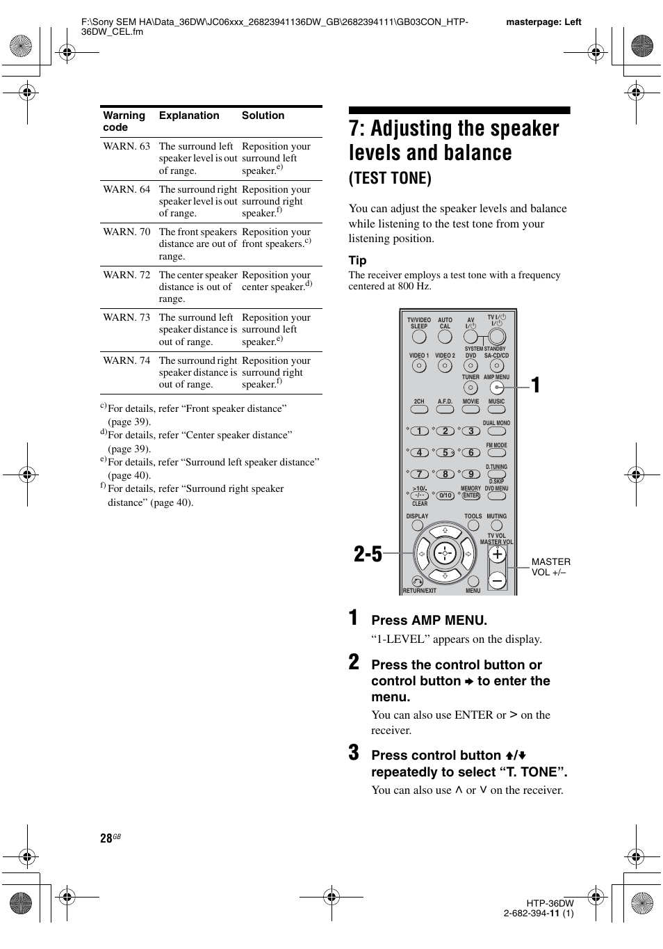 Adjusting the speaker levels and balance, Test tone), Press amp menu | Sony Model HTP-36DW User Manual | Page 28 / 64