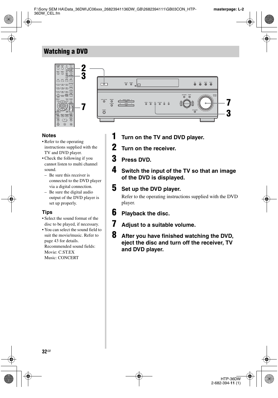 Watching a dvd, Turn on the tv and dvd player, Turn on the receiver | Press dvd, Set up the dvd player, Playback the disc, Adjust to a suitable volume, Tips | Sony Model HTP-36DW User Manual | Page 32 / 64