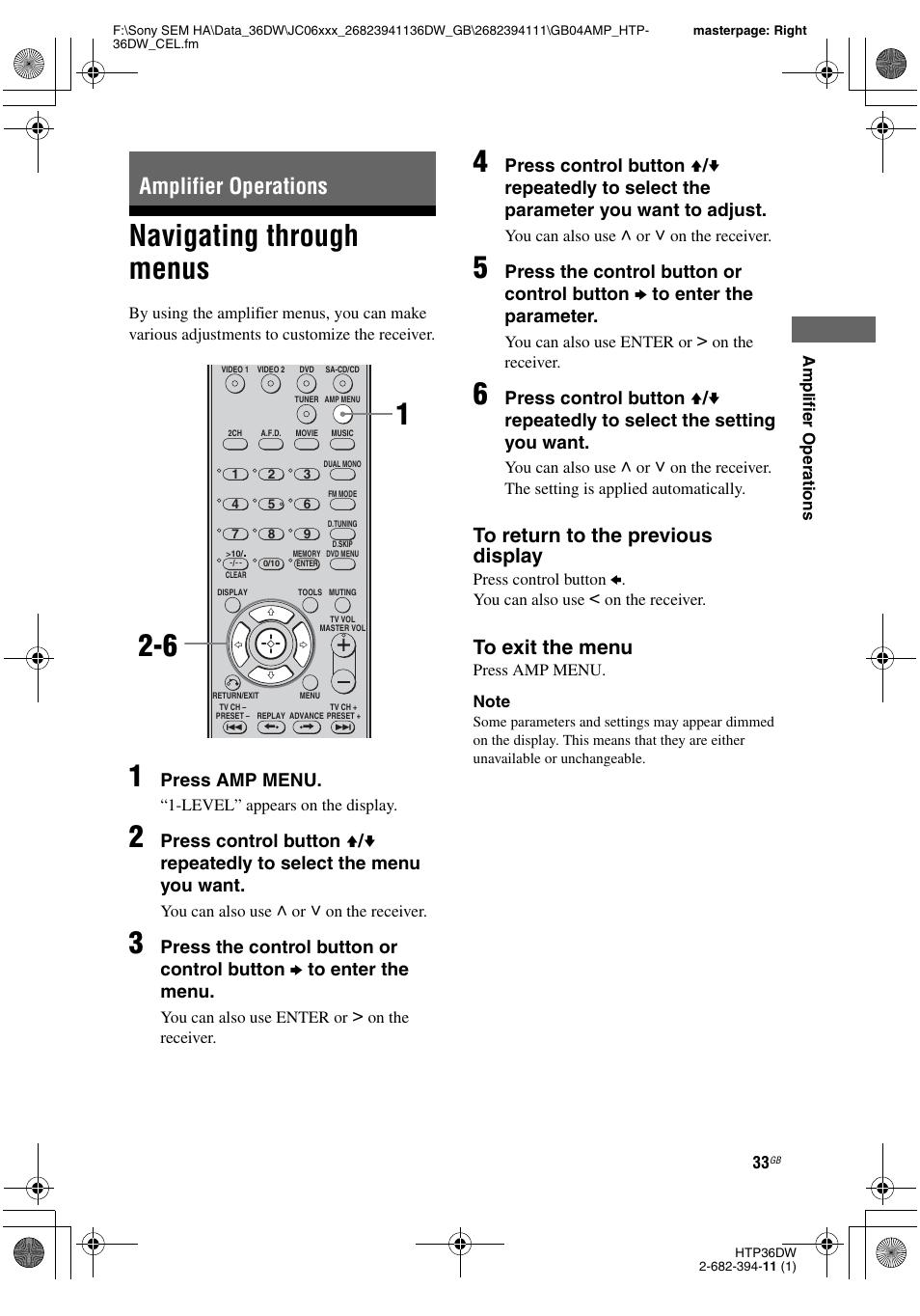 Amplifier operations, Navigating through menus, Press amp menu | Sony Model HTP-36DW User Manual | Page 33 / 64