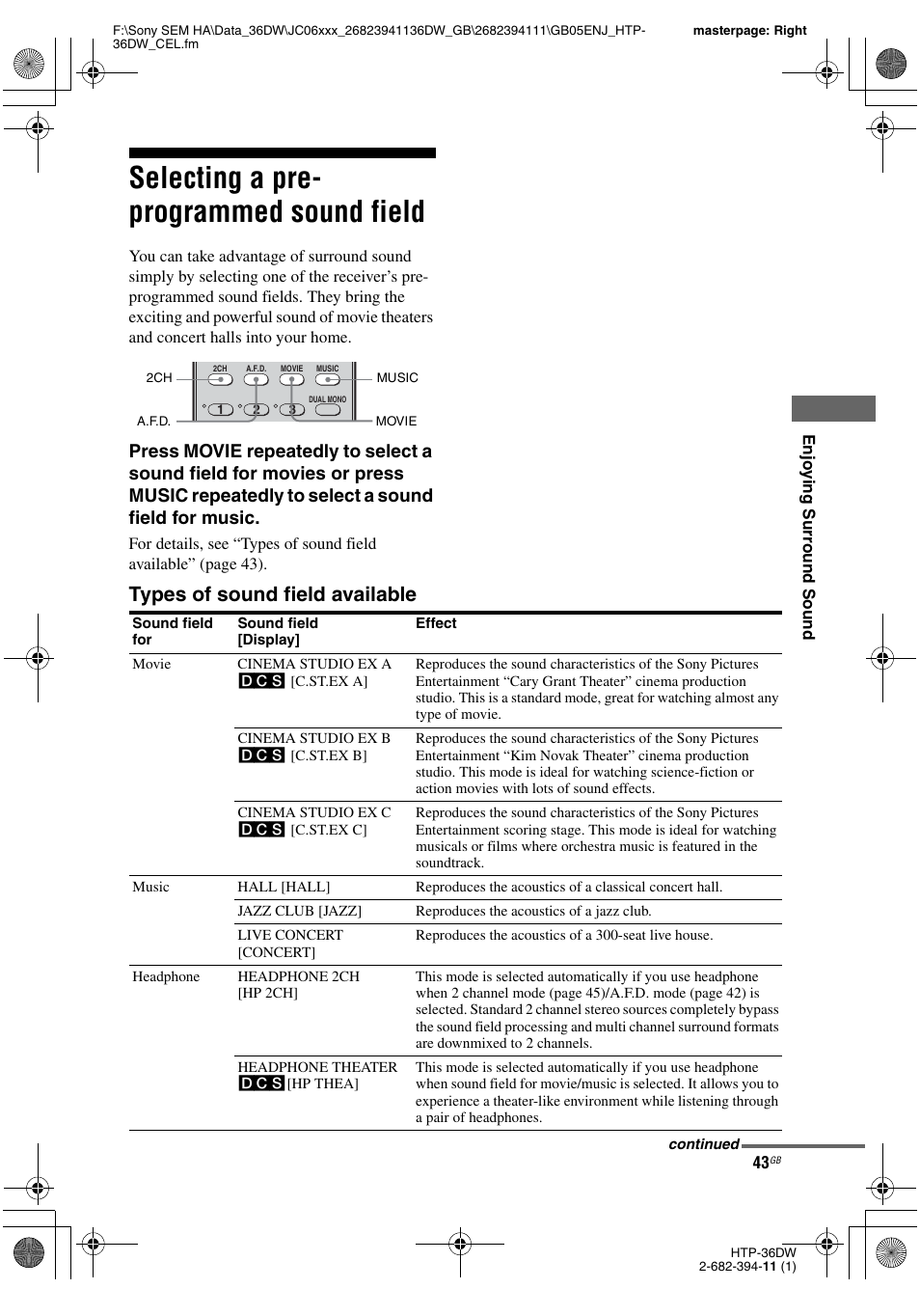 Selecting a pre- programmed sound field, Selecting a pre-programmed sound field, Types of sound field available | Sony Model HTP-36DW User Manual | Page 43 / 64
