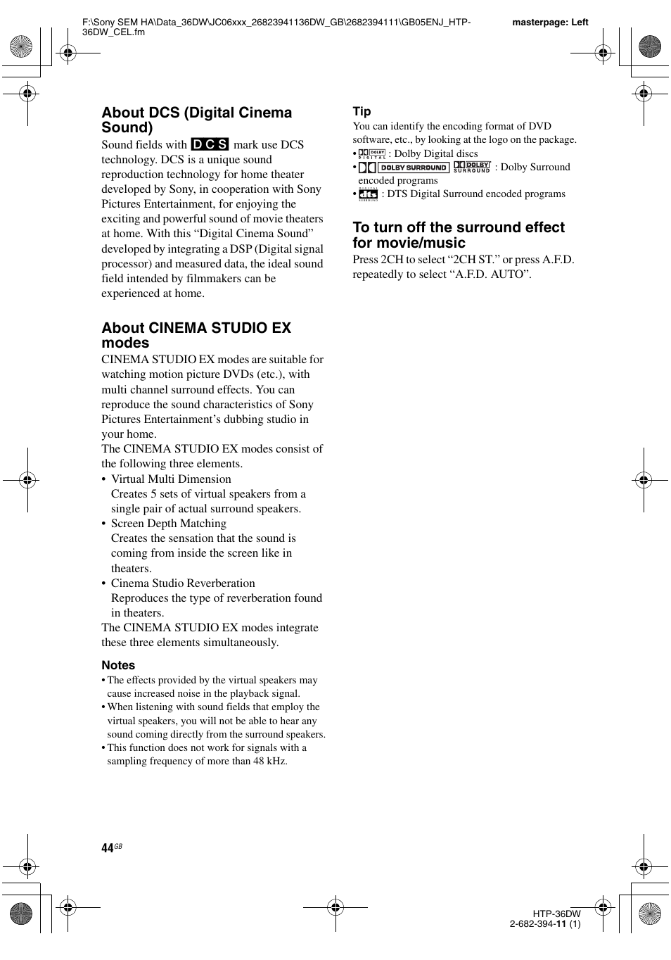About dcs (digital cinema sound), About cinema studio ex modes | Sony Model HTP-36DW User Manual | Page 44 / 64
